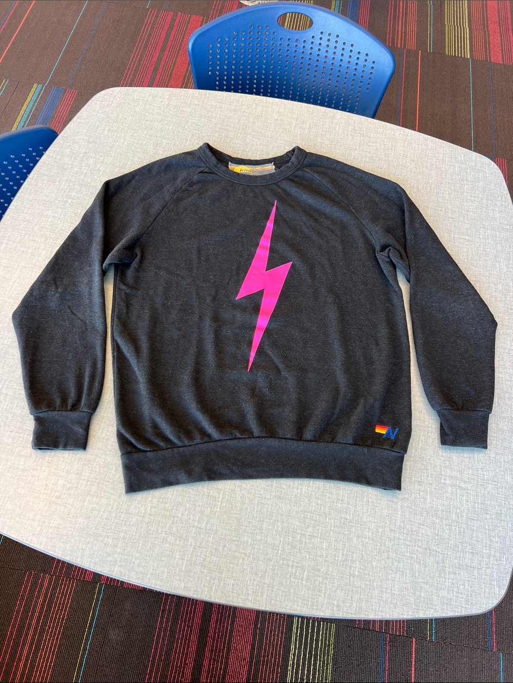 AVIATOR NATION lightning bolt long sleeve crewneck top sweatshirt black pink L